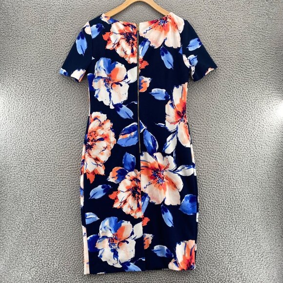Tahari Dress Womens 6 Blue Multi Floral Shift Short Sleeve Stretch Career Work - Picture 4 of 9